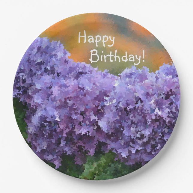 Happy Birthday Impressionistic Purple Hydrangea Paper Plate (Front)