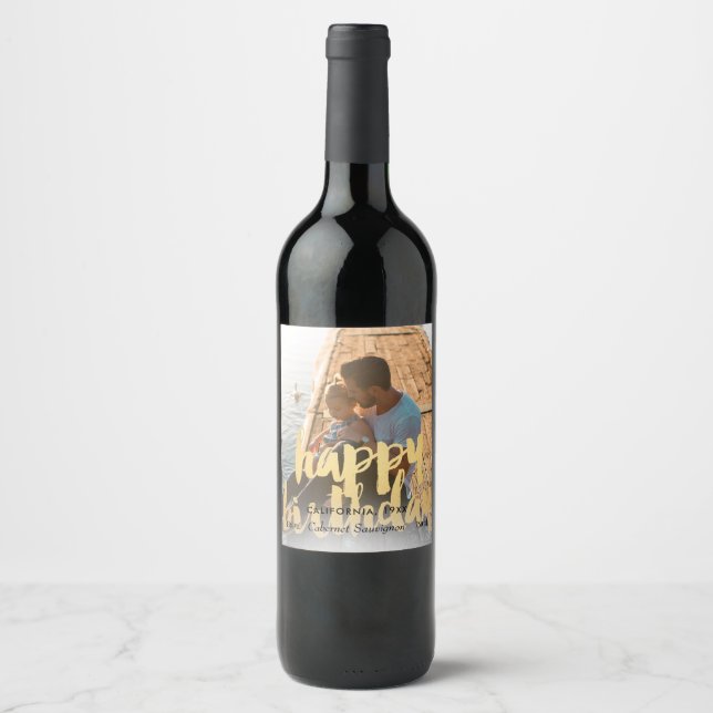 Happy Birthday in Gold over Birthday Photo Wine Label (Front)