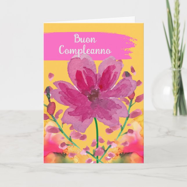 Happy Birthday in Italian Watercolor Flowers Card (Front)