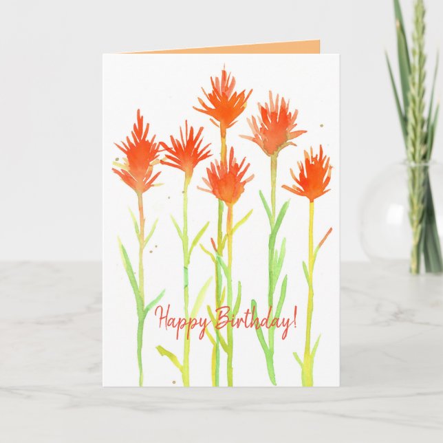 Happy Birthday Indian Paintbrush Watercolor Flower Card (Front)