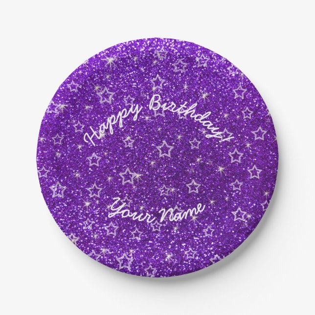 Happy Birthday indigo purple glitter stars Paper Plate (Front)