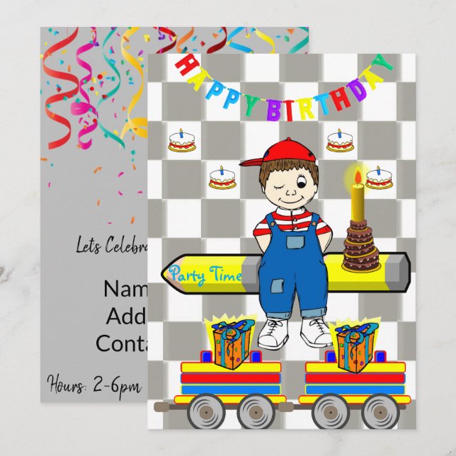 Happy Birthday Invitation Boy Trains (Front/Back)