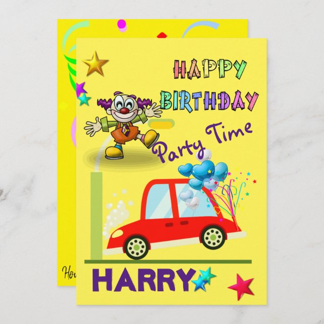 Happy Birthday Invitation Clown Car Yellow (Front/Back)