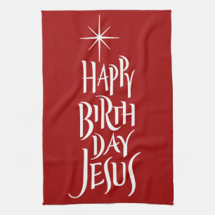 Happy Birthday Jesus Christian Calligraphy Star    Tea Towel