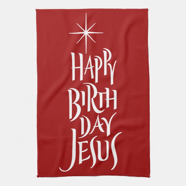 Happy Birthday Jesus Christian Calligraphy Star    Tea Towel (Vertical)