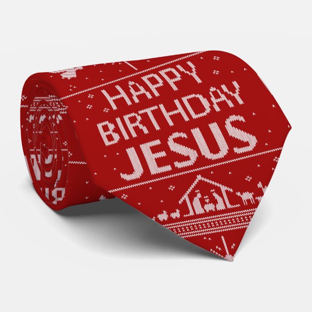 Happy Birthday Jesus Christmas Sweater Christian Tie (Rolled)