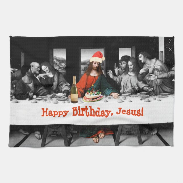 Happy Birthday, Jesus! Funny Christmas Tea Towel (Horizontal)
