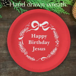 Happy Birthday Jesus Hand Drawn Bow Christmas Paper Plate