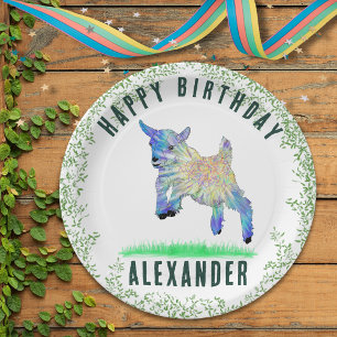 Happy Birthday Jumping Goat and Foliage Paper Plate
