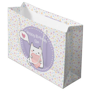 Happy Birthday Kawaii Cat with a love Heart Large Gift Bag