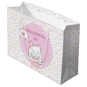 Happy Birthday Kawaii Cat with Gift Box Large Gift Bag