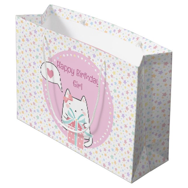 Happy Birthday Kawaii Cat with Gift Box  Large Gift Bag (Back Angled)
