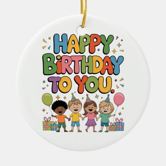 Happy Birthday Kids Ceramic Tree Decoration (Front)