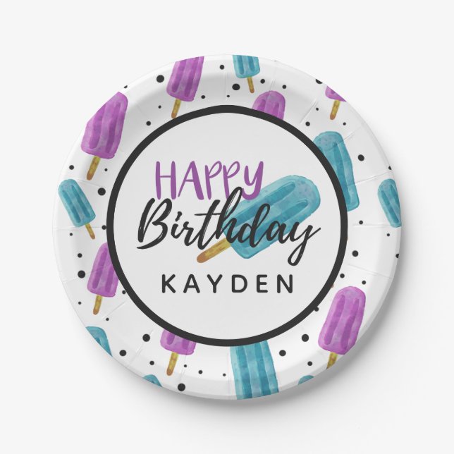 Happy Birthday Kid's Summer Ice Pop Party Cake Paper Plate (Front)