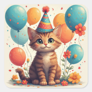 Happy Birthday Kitten With Party Balloons And Fun  Square Sticker
