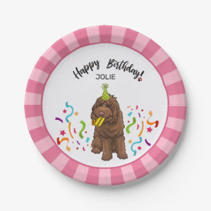 Happy Birthday Labradoodle Dog Pink Stripe Party Paper Plate