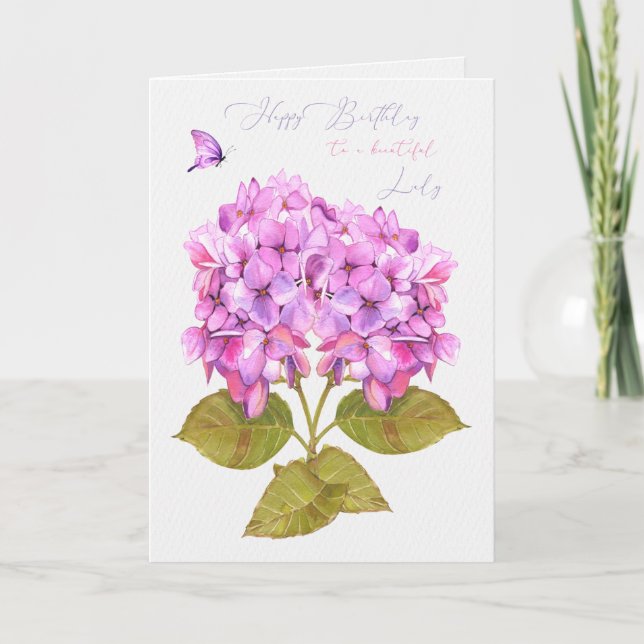 Happy Birthday Lady Hydrangeas and Butterfly Card (Front)