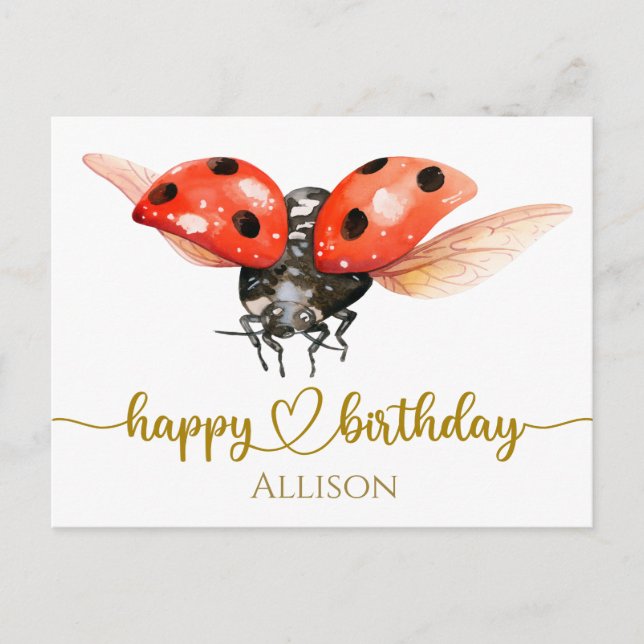 Happy Birthday Ladybug Watercolor Post Card (Front)