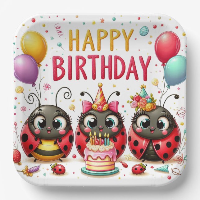 Happy Birthday Ladybugs Paper Plate (Front)