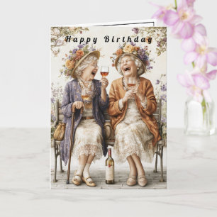 Happy Birthday Laughing Ladies Drinking Wine Card