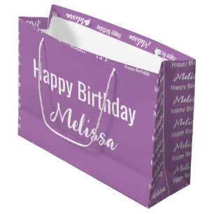 Happy Birthday Lavender and White Name Pattern Large Gift Bag