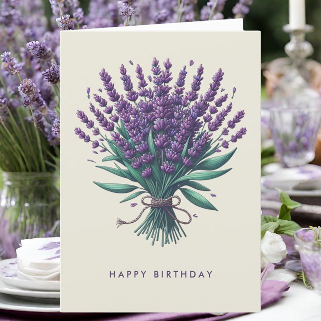 Happy Birthday Lavender Bouquet Greeting Card (A birthday card with lavender illustration on a table.)