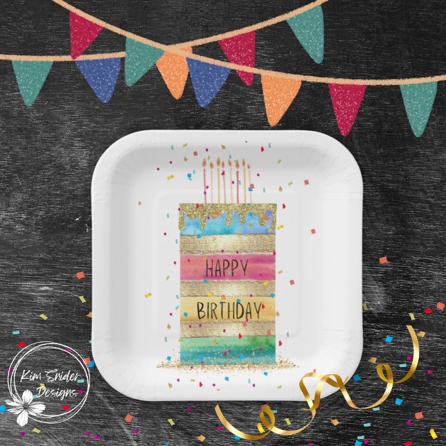 "Happy Birthday" Layer Cake with Gold and Confetti Paper Plate (Creator Uploaded)