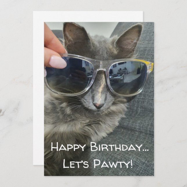 "happy birthday let's pawty" funny grey cat photo card (Front/Back)