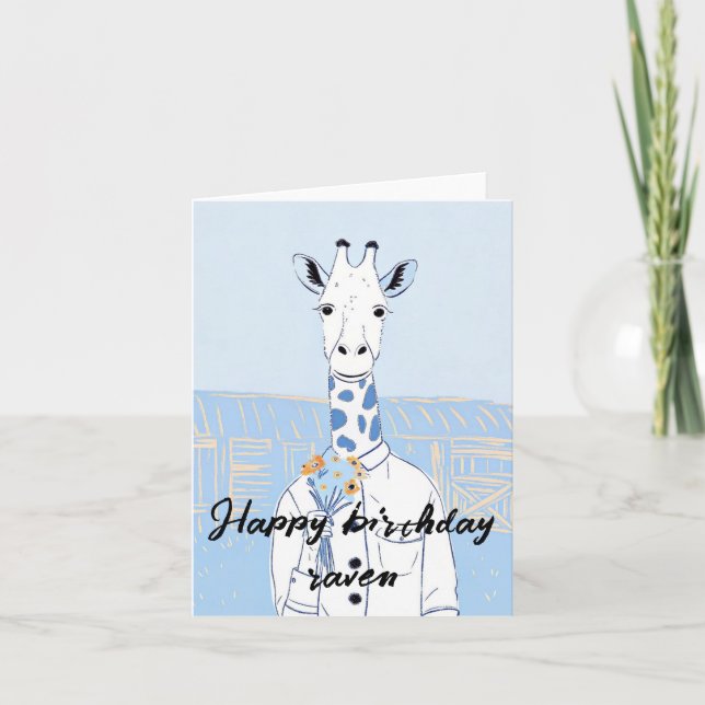 Happy birthday light blue giraffe foldet card (Front)