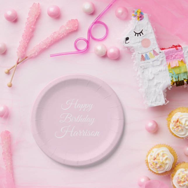 Happy Birthday light pink white custom script name Paper Plate (Party)