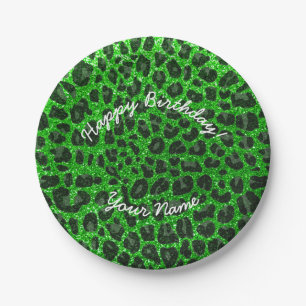 Happy Birthday lime green glitter leopard Paper Plate