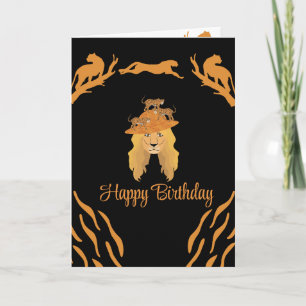 happy birthday lion hat black and gold card