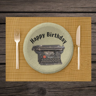 Happy Birthday Literary Theme Black Old Typewriter Paper Plate
