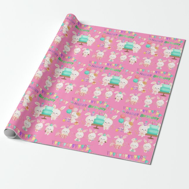 Happy Birthday Little Bunnies Girl Wrapping Paper (Unrolled)