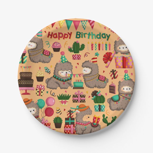 Happy Birthday Llama Pattern Paper Plate (Front)