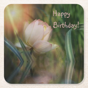 Happy Birthday Lotus Reflection Paper Coaster