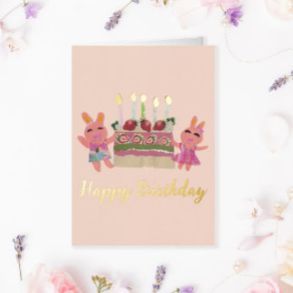 Happy Birthday Lovely Pink Bunnies with Cake Foil Greeting Card