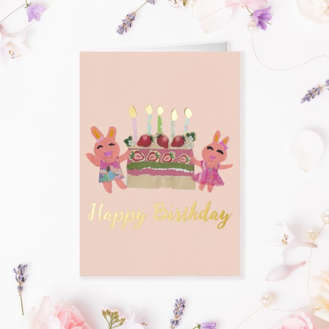 Happy Birthday Lovely Pink Bunnies with Cake Foil Greeting Card (Creator Uploaded)