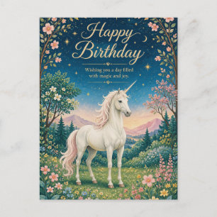 Happy Birthday Magical Unicorn Floral Garden Postcard