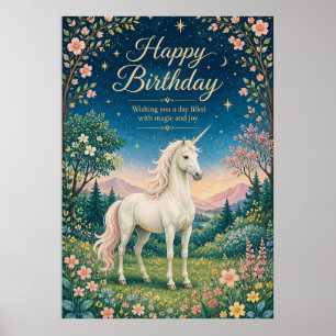 Happy Birthday Magical Unicorn Floral Garden Poster