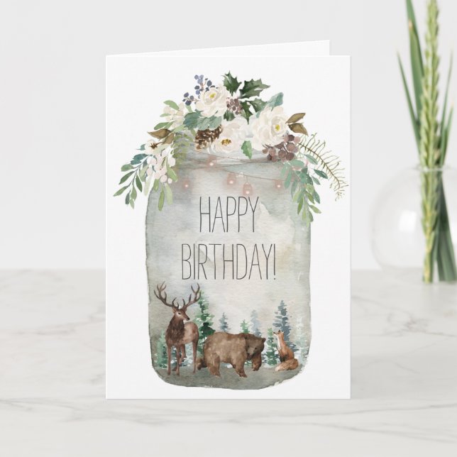 Happy Birthday Mason Jar Woodland Floral Forest Card (Front)