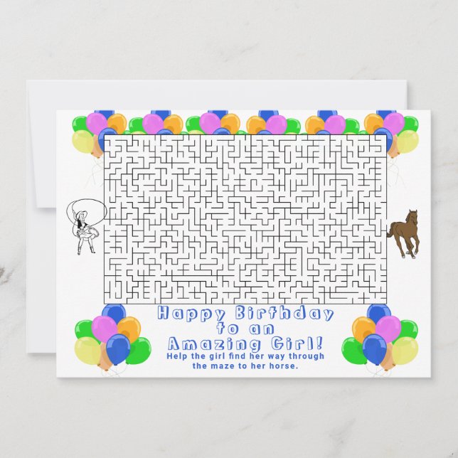 Happy Birthday Maze Cowgirl and Horse White Invitation (Front)