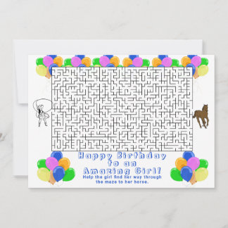 Happy Birthday Maze Cowgirl and Horse White Invitation