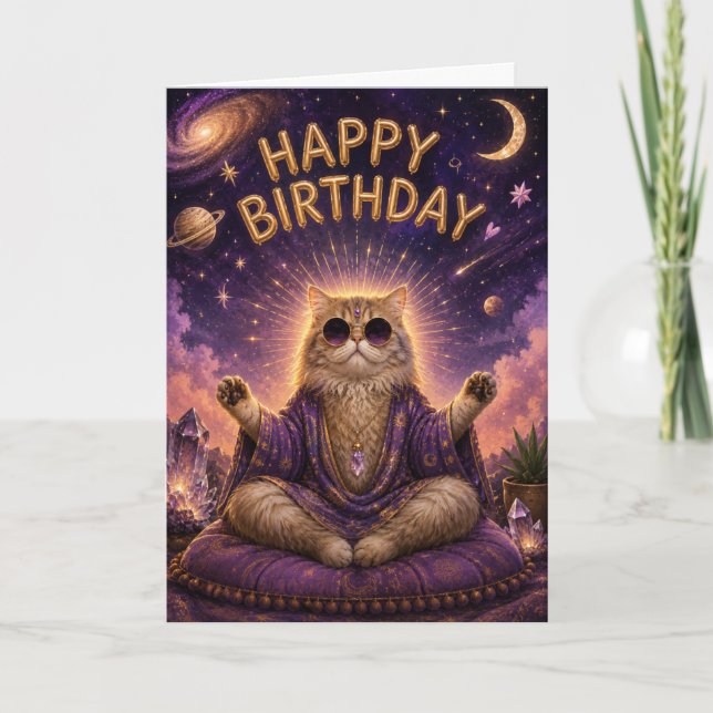 Happy Birthday Meditation Cat Card (Front)