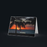 Happy Birthday Men Sunset Ocean Tropical Trees   Card<br><div class="desc">Happy Birthday Men Sunset Tropical Ocean Card has a brilliant orange glow sunset on the serene ocean. Replace information with yours and give to that special person in your life. Photograph by Denise Bennerson,  photographer</div>