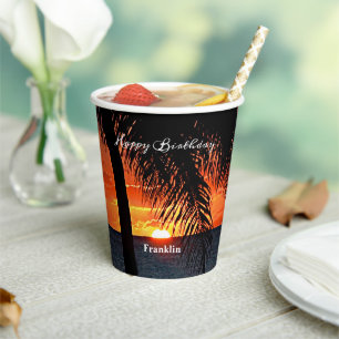 Happy Birthday Men Sunset Ocean Tropical Trees Paper Cups