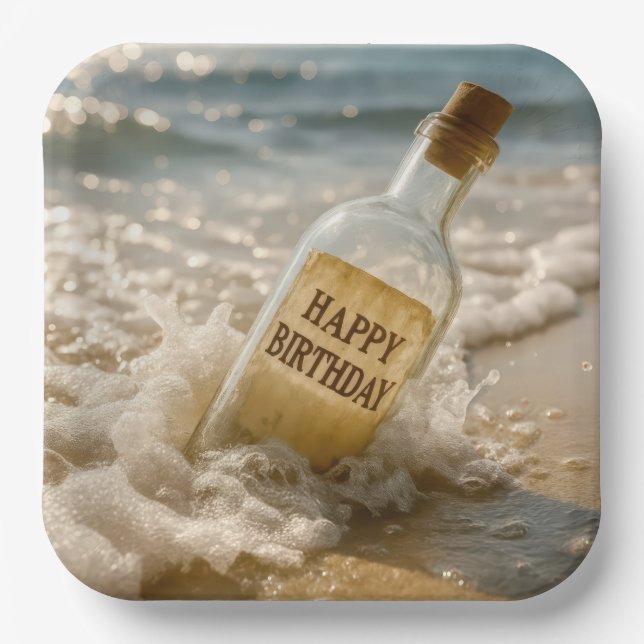 Happy Birthday Message in a Bottle Paper Plate (Front)