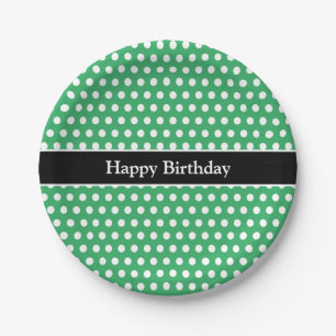 Happy Birthday Message Polka Dot green and white Paper Plate
