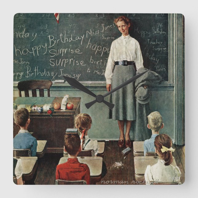 Happy Birthday, Miss Jones by Norman Rockwell Square Wall Clock (Front)