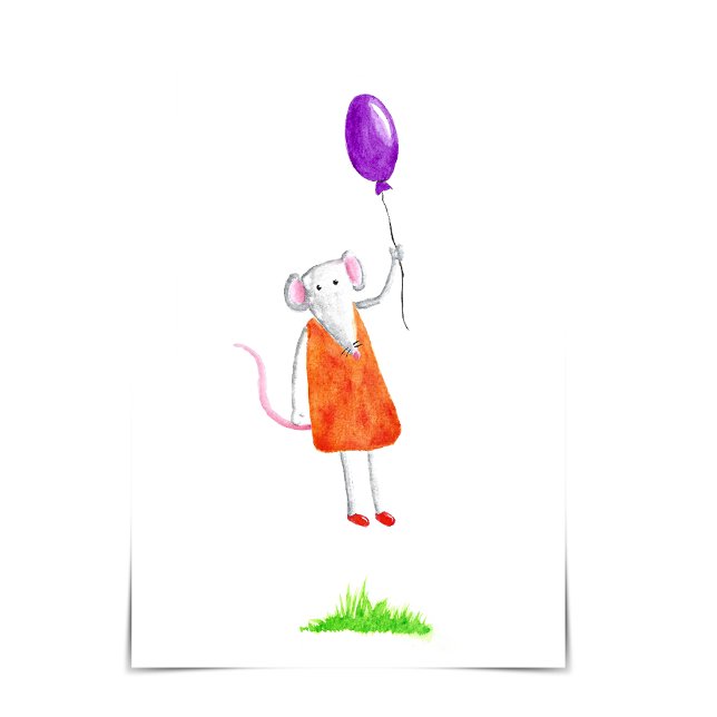 Happy Birthday Missy Mouse Holding a Balloon Card (A cute little mouse holding a purple balloon and wearing an orange dress floats toward the sky.)